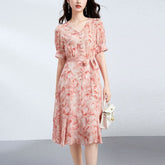 Womens Silk A - Line Dress with V Neck Ruffle Hem Printed Silk Dress
